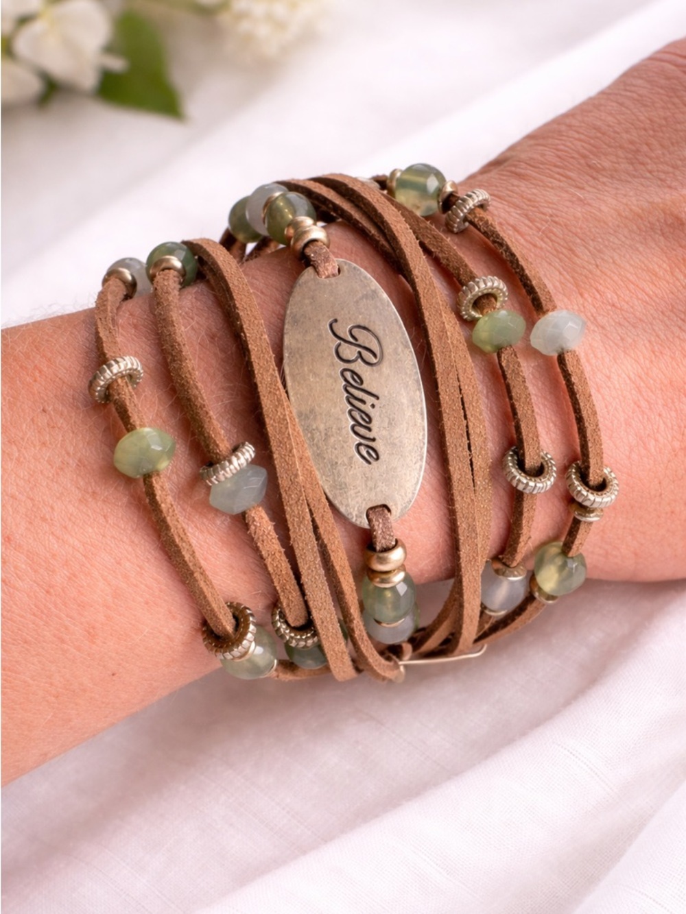 1946- Believe Wrap Bracelet in Brown with Green and white Beads